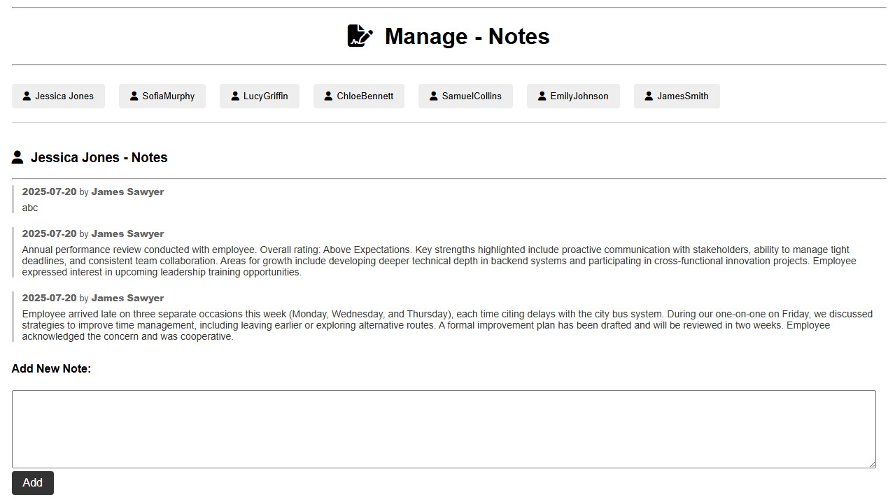 Manager notes for performance