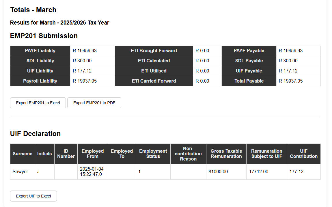 Automatic calculation of PAYE, UIF, and SDL
